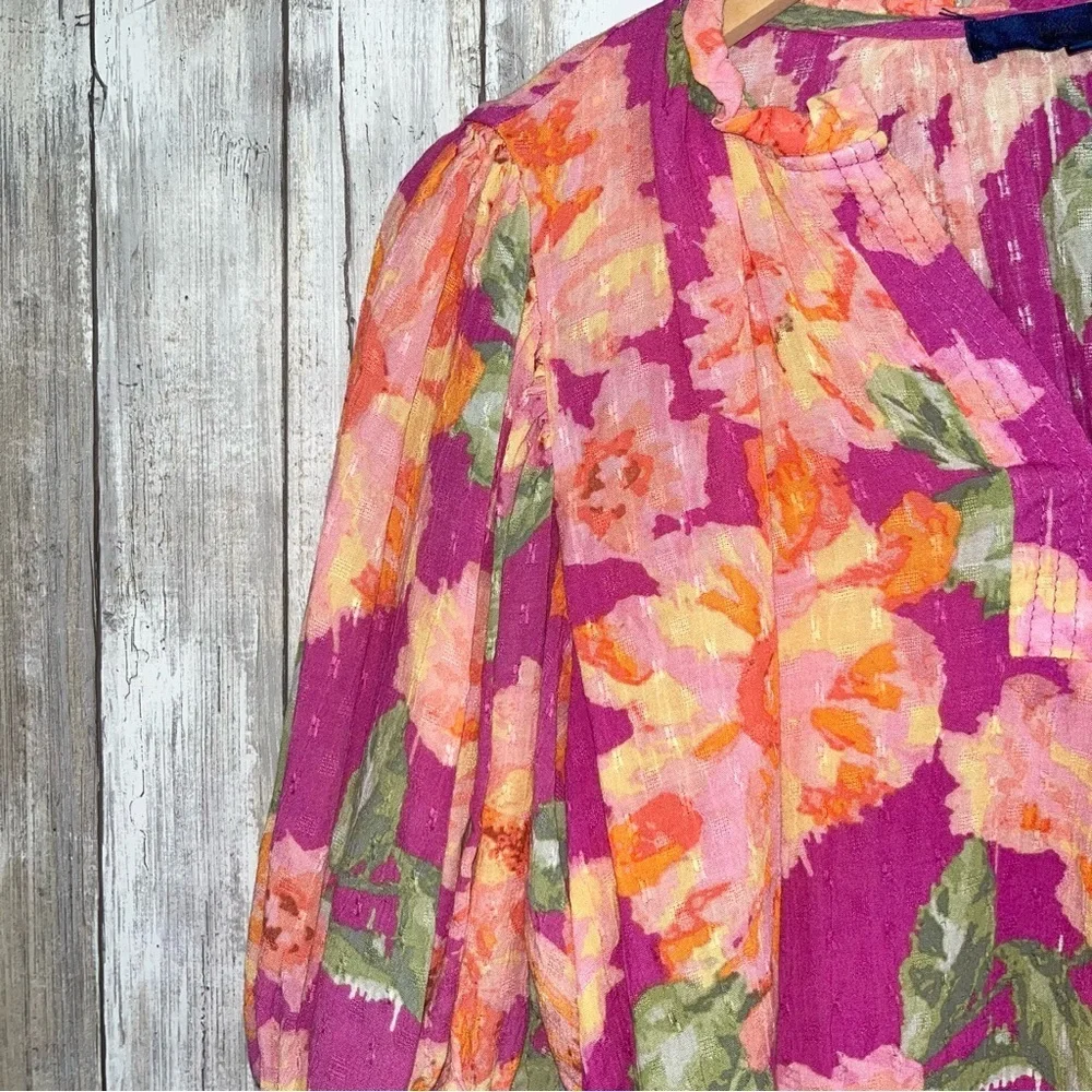 Rachel Roy Floral Blouse Medium Pink Orange Puff Sleeve Boho Top Women - Picture 2 of 5